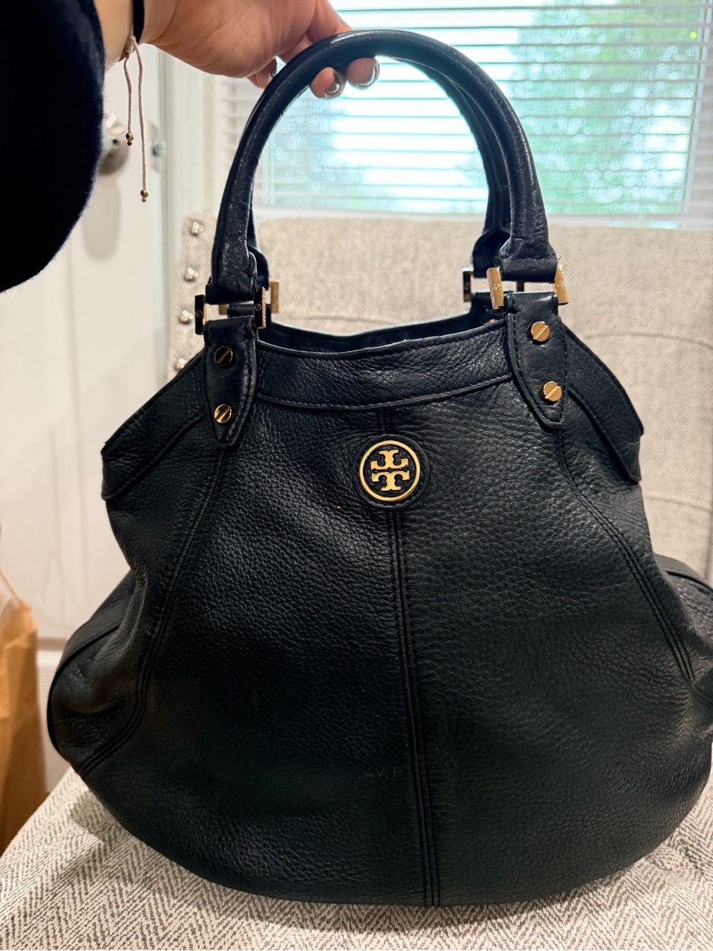 Tory Burch Black Pebbled Leather Satchel with Gold Hardware